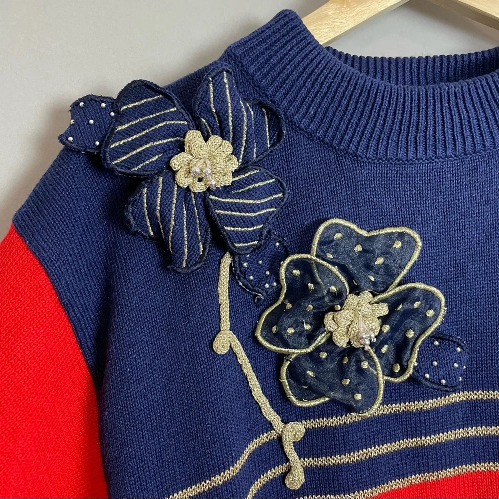 Vintage Sweater‎ Short Sleeves 4th of July America Embellished Flowers Red Blue
